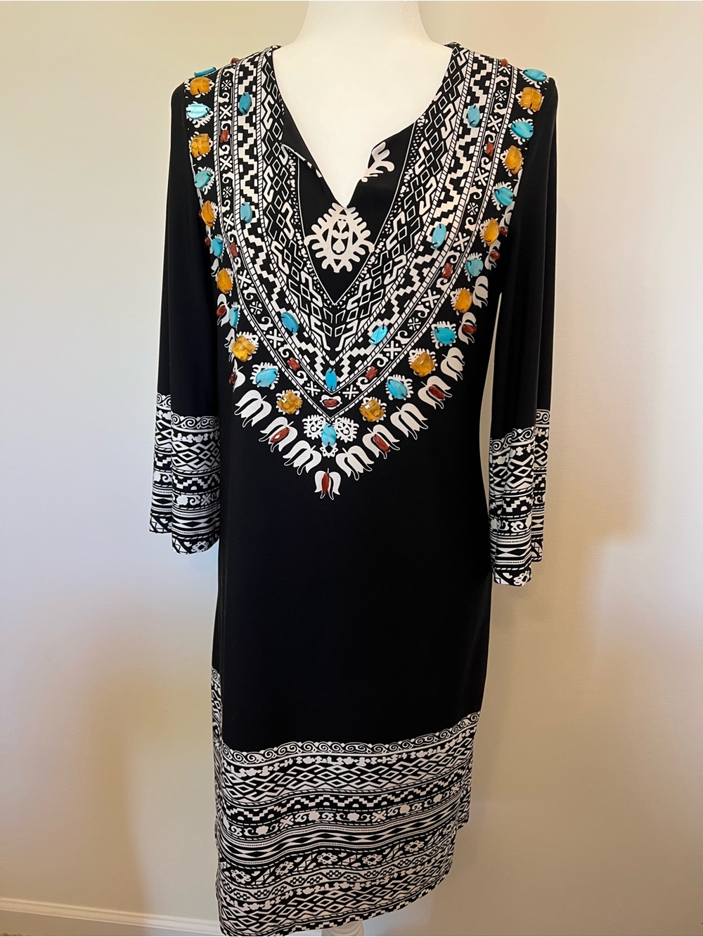 Chico's Black Long-Sleeve V-Neck Dress with Turquoise & Mustard Embroidery